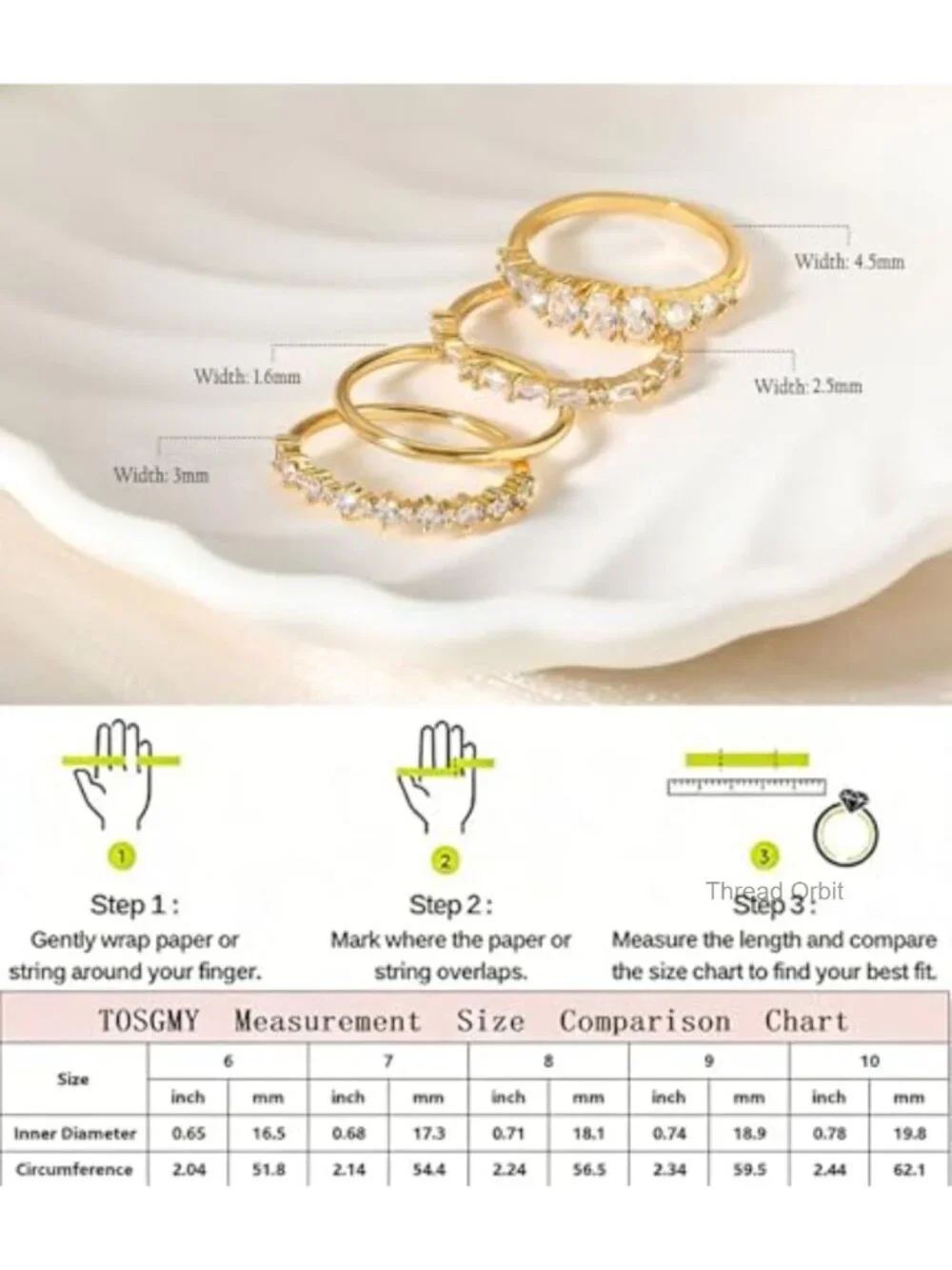 Stackable Gold Plated Cubic Zirconia Wedding Band Ring Set Non Tarnish